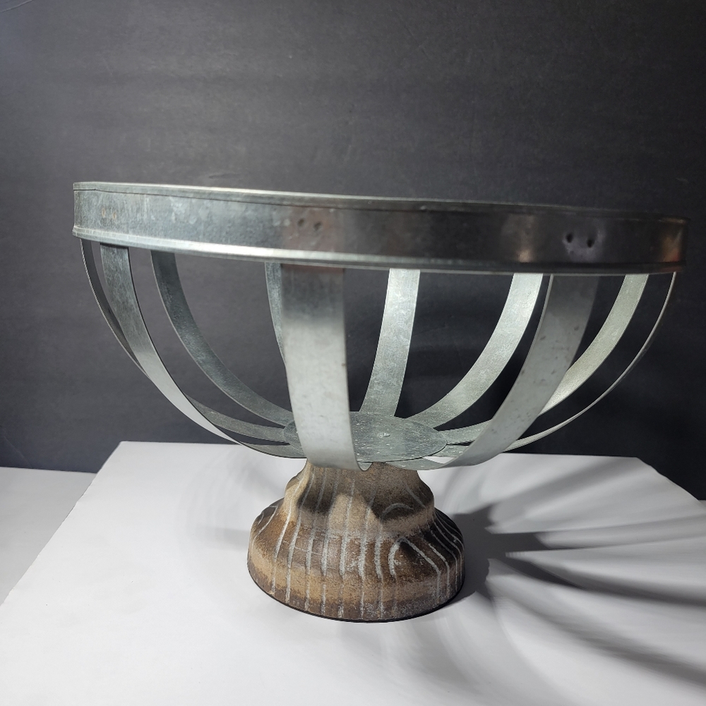 Farmhouse Pedestal Basket large metal basket decor with wood base spring easter
